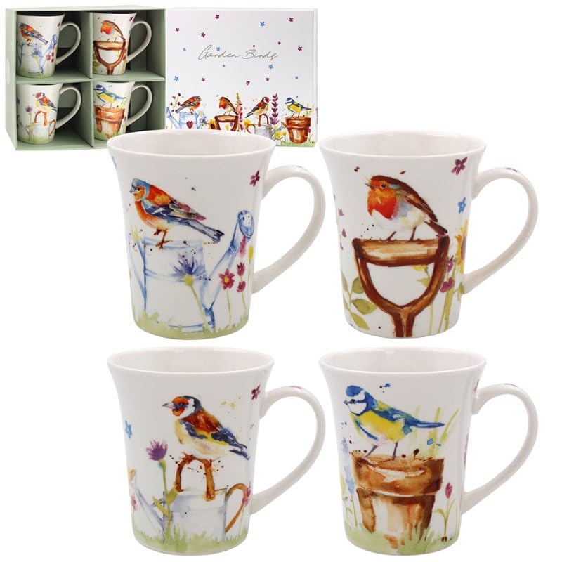 Lesser & Pavey Garden Birds Set of 4 Fine China Mugs Coffee Cups 275ml Floral Microwave Safe
