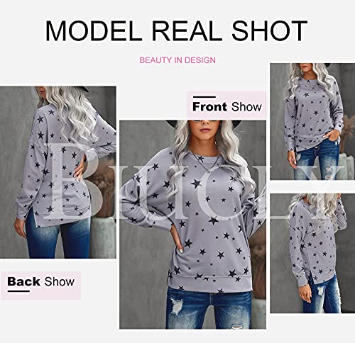 Biucly Womens Casual Fashion Crewneck Sweatshirt Loose Star Printed Long Sleeve Tee Shirts Lightweight Soft Oversized Sweatshirts Pullover Tops Shirt,Us 12-14(L),Grey #TOP2
