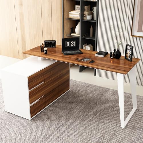 Image of Homsee Home Office Computer Desk Corner Desk with 3 Drawers, 2 Shelves & 2 Doors, 55 Inch Large L-Shaped Study Writing Table with Storage Cabinet, White & Brown (54.3 inchL x 40.9 inchW x 29.1 inchH)