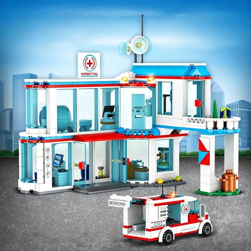 Image of SKY LINE OCEAN City Hospital STEM 3-in-1 Building Block Set, 687 PCS Multi-Model Kit with Ambulance, Truck & Rescue Helicopter, City Series Construction Toy for Kids 6+ | 5 Year Structural Warranty