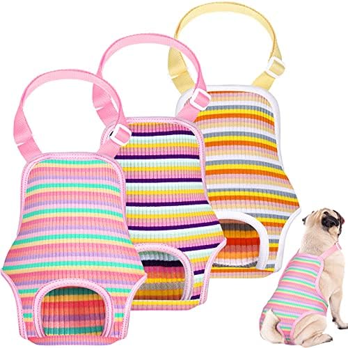 3 Pieces Dog Diaper Striped Sanitary Pantie with Adjustable Suspender Washable Reusable Puppy Sanitary Panties Cute Pet Underwear Diaper Jumpsuits for Female Dogs (Rainbow Pattern, M)