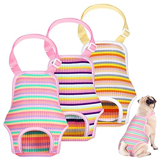3 Pieces Dog Diaper Striped Sanitary Pantie with Adjustable Suspender Washable Reusable Puppy Sanitary Panties Cute Pet Underwear Diaper Jumpsuits for Female Dogs (Rainbow Pattern,M)