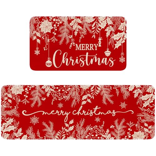 Eikunn Merry Christmas Kitchen Rugs Set of 2,Holly Pine Branches Leaves Mat for Floor,Red Winter Holiday Non-Slip Kitchen Sink Mats Kitchen Decor Doormat+Runner Rug