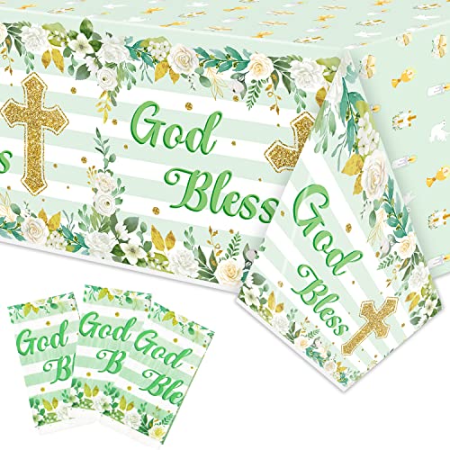 Image of God Bless Baptism Tablecloth - 3-Pack Green Baptism Table Cover Christmas Winter Xmas New Year Party God Bless Cross Religious Waterproof Rectangle First Communion Baby Shower(54x108 Inch)