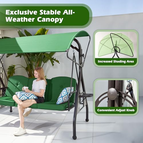 Image of ZZW 800LBS Patio Swing with Canopy 3 Seat Outdoor Porch Swing with Stand w /Cup Holder & Pillow Glider Chair Swing Bed for Patio Backyard Poolside (Green)