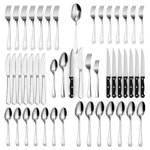 Tribal Cooking 48 Piece Silverware Set - Service for 8 - Stainless Steel Flatware serving set - Cutlery Set - Knives, Fork, and Spoon - Utensil sets - Dishwasher Safe - Stunning Polished Finish
