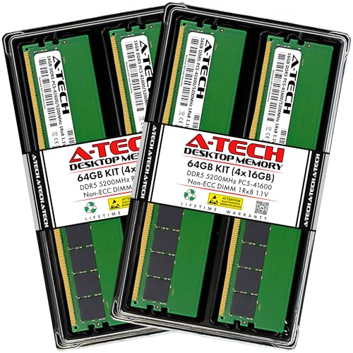 Image of A-Tech 64GB Kit (4x16GB) DDR5 5200MHz PC5-41600 CL42 UDIMM 1Rx8 Single Rank 1.1V Non-ECC Unbuffered DIMM 288-Pin Desktop PC /Computer RAM Memory Upgrade Modules