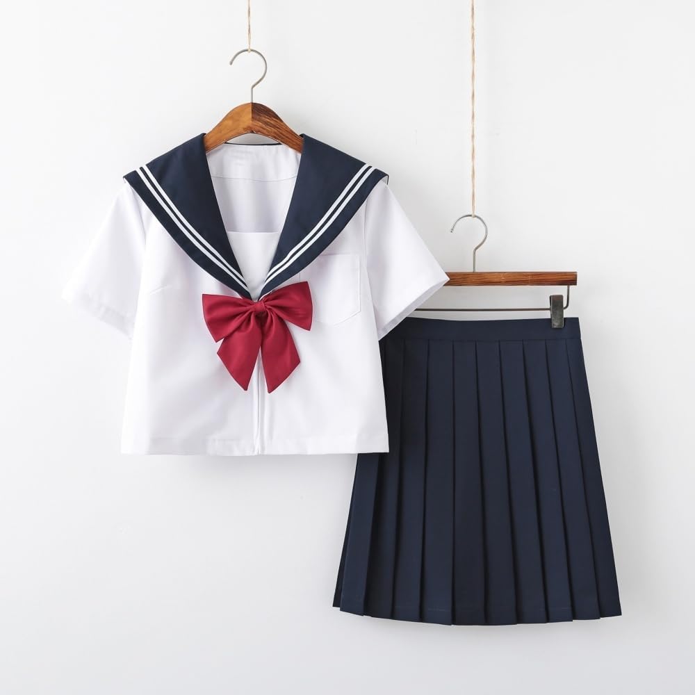 Japanese School Girls JK Uniform Short Sleeve Sailor Uniform Pleated Skirt Set Cosplay Outfit Costumes