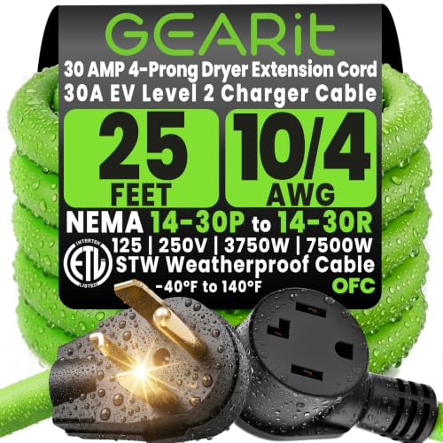 GEARit 30 Amp Dryer Extension Cord NEMA 14-30 Extension Cord 4 Prong NEMA 14-30P to 14-30R 125/250V Heavy Duty 10/4 STW 10 AWG Electric Dryer/Tesla EV Level 2 Charger Cable 25 Feet