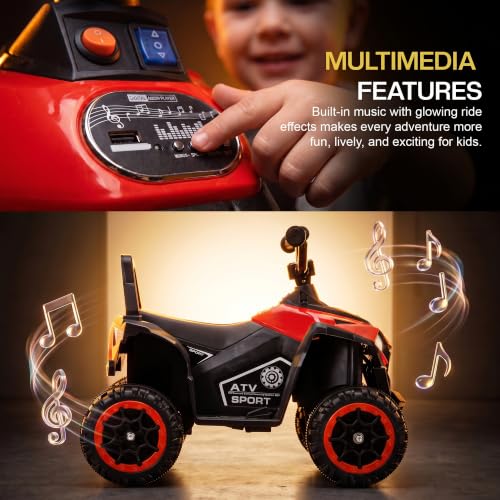 Image of Baybee Monstro Baby Electric Bike for Kids | Rechargeable Balance Bikes with LED Lights, USB, Music & Backrest | Beach ATV Dirt Bikes | 6V Battery Operated Kids Bike for 2-5 Years Boys Girls (Red)