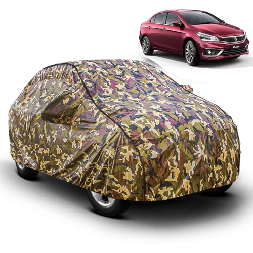 Image of FABTEC Car Body Cover for Maruti Ciaz Jungle Print with Soft Cotton Lining Waterproof Car Cover UV & Rain Protection with Mirror Pocket Bottom Elastic (Military /Camouflage Pattern)
