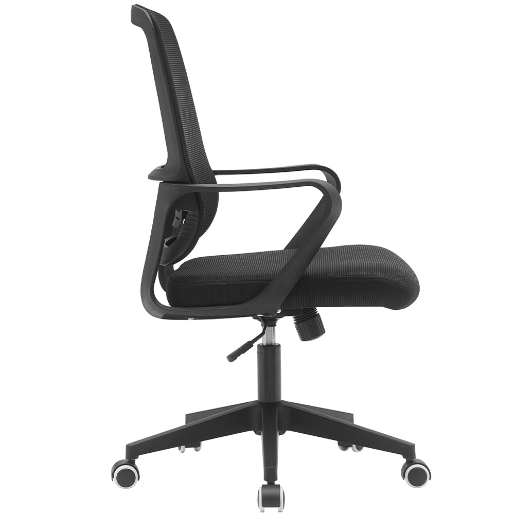 BAKAJI Sedia da Scrivania Ergonomica con Ruote Girevoli Antigraffio, Schienale in Tessuto Traspirante e Supporto Lombare, Poltrona da Studio Ufficio Regolazione Altezza Gas 98-108cm (Nero)