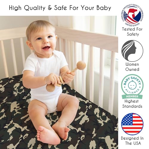 Image of Sweet Jojo Designs 3-Piece Baby Crib Sheets Set (Woodland Camo Deer) for Boys, Infant Nursery, Toddler Room - Fitted, Standard Size (Solid Green, White /Black Antler & Forest, Rustic Beige /Black Plaid)
