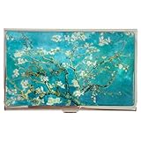 Mother of Pearl Business Card Case Credit Id Name Holder Travel Wallet Art Painting Design Metal Stainless Steel Engraved Slim Purse Pocket Cash Money Wallet (Almond Blossom)