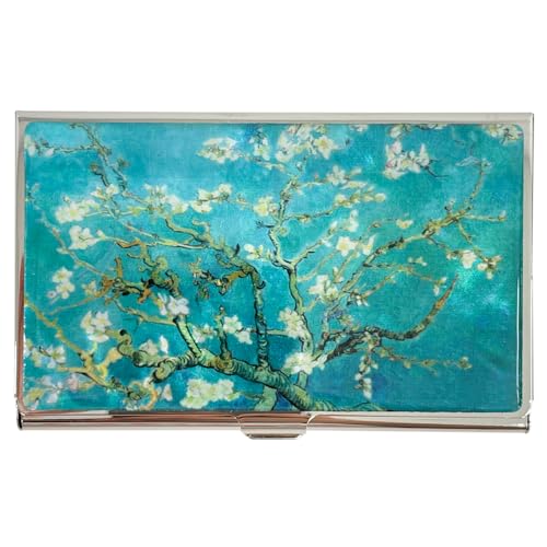 Image of Mother of Pearl Business Card Case Credit Id Name Holder Travel Wallet Art Painting Design Metal Stainless Steel Engraved Slim Purse Pocket Cash Money Wallet (Almond Blossom)