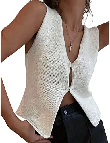 Jkerther Womens Sweater Vest Sleeveless Crochet Crop Top Knittd Tank Top Button Down Cropped Sweater VestY2k Streetwear (White, S)