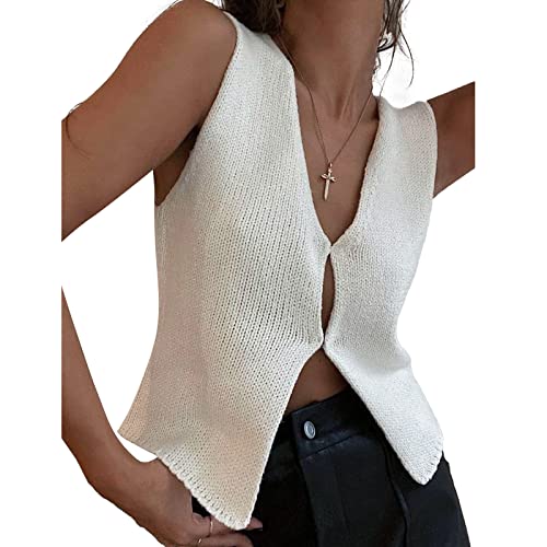 Jkerther Womens Sweater Vest Sleeveless Crochet Crop Top Knittd Tank Top Button Down Cropped Sweater Vesty2K Streetwear (White, S) #TOP22