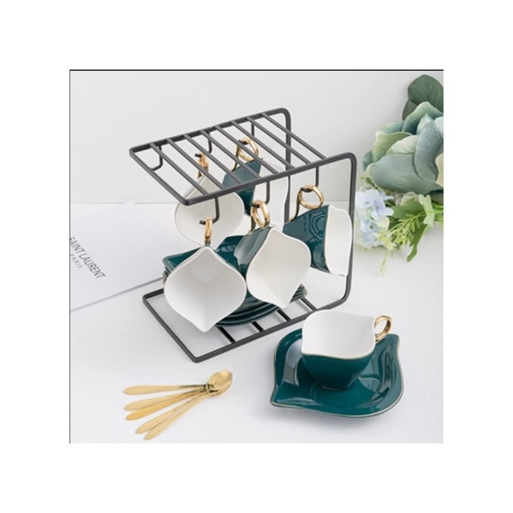 Juego de Tazas de té con Forma de rombo y Cuchara, Tazas de Porcelana con platillos, Soporte de Metal para café, té y café.