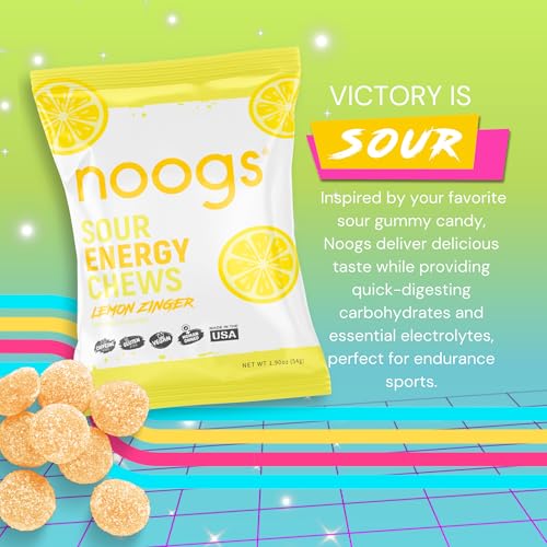 Image of Noogs Sour Energy Chews, Lemon Zinger Electrolyte Energy Gummies, Sour Candy Flavored Alternative to Running Gels, Vegan, Gluten Free & Caffeine Free, 12 Pack