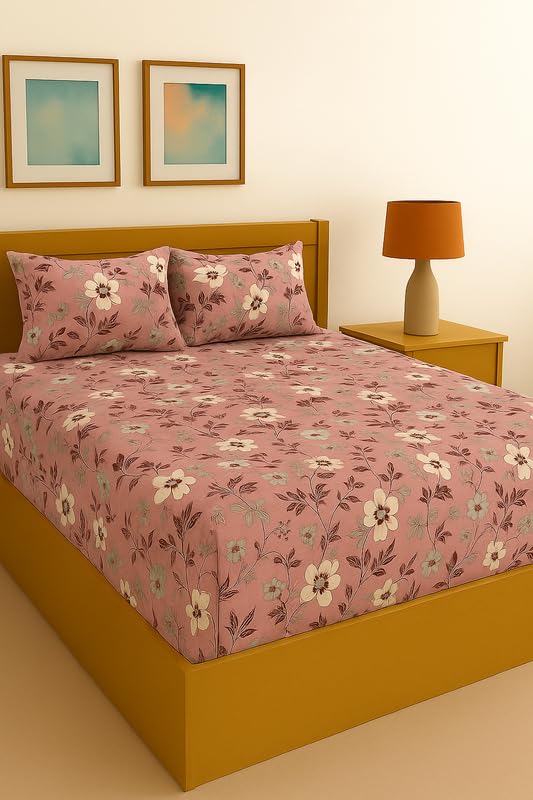Image of Pink Blossom Floral Print Fitted Bedsheet | Glace Cotton 140 TC | Queen Size (60x78 inch) with 2 Pillow Covers (18x28 inch) | Deep Pocket up to 10 Inches - Soft & Comfortable