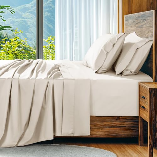 Image of SONORO KATE 1000 Series 100% Egyptian Cotton Queen Sheets,Extra Deep Pocket | 18-24 Inch Extra Deep Pocket,Soft & Breathable,5-Star Hotel Sateen Bed Sheets,All Season,4pc,Cream