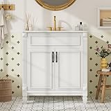 Sweetcrispy 30' Bathroom Vanity with Sink, Bathroom Storage Vanity Sink with 2 Doors, Farmhouse Wooden Free Standing Bathroom Cabinet with Sink, Easy Assembly, NO Mirror Faucet (White)