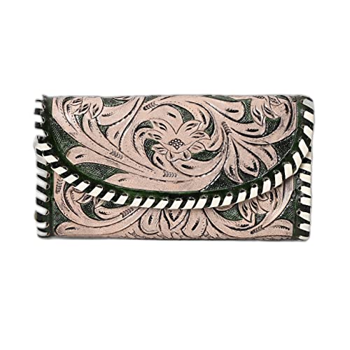 Floral Embossed Leather Clutch – Western Style Handmade Wallet for Women – Vintage Tooled Design with Snap Closure – Compact Purse for Cards & Cash (Green & Tan)