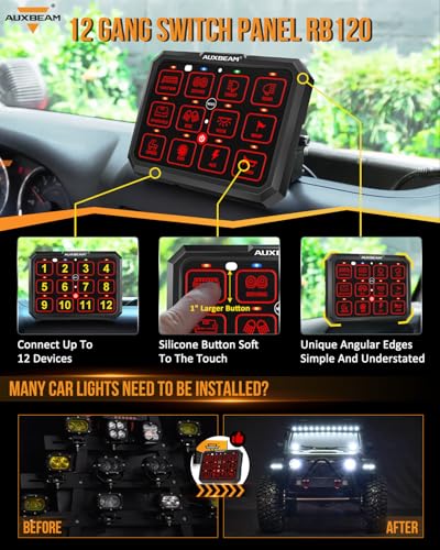 Image of Auxbeam 12 Gang Switch Panel RB120 Toggle Momentary Pulsed RGB Dimmable | Works with 12V‑24V DC accessories (1200W‑2400W,100A max), two-sided output,easy install, IP65 waterproof, fits most vehicles.