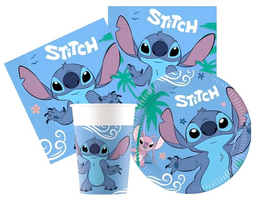 Kit Compleanno Tavola Stitch 16 persone (52 pezzi: 16 piatti 18cm, 16 bicchieri 200ml, 20 tovaglioli) in carta