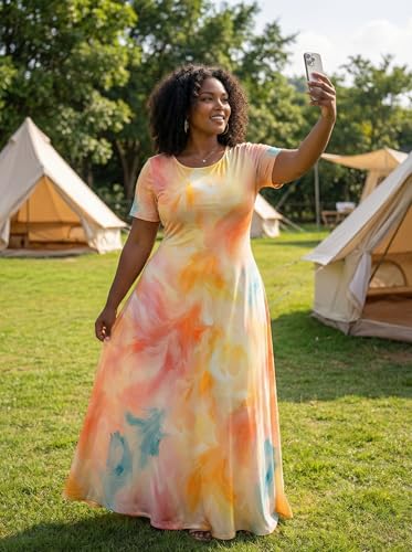 Image of SUZONANA Plus Size Maxi Dress for Curvy Women Summer Casual Sundress Short Sleeve Loose Vacation Dress
