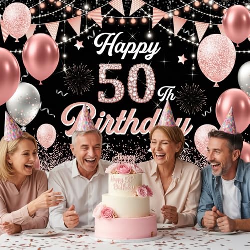 Image of 50th Birthday Decorations for Women - Happy 50th Birthday Banner Decorations Cheers to 50 Years Birthday Party Indoor and Outdoor Decoration Suppiles Pink Backdrop for 50th Birthday Party Favors Decor