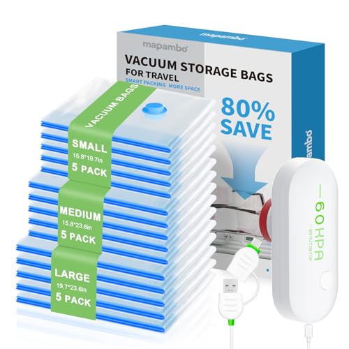 Mapambo 15 Pack Vacuum Storage Bags with -60000Pa USB Pump, Vacuum Seal Bags for Clothing Travel, Space Saver Vacuum Seal Bags for Clothing, Save 80% of Space for Clothes (15 Combo Size)