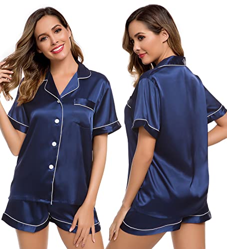 Image of LecGee Womens Silk Satin Pajamas Short Sleeve Loungewear Two-Piece Sleepwear Button-Down Pj Set