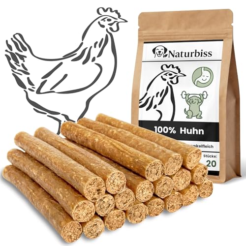 Naturbiss Hundezigarren aus HÄHNCHEN - 20 Stück (12 cm) - Barf Leckerlis Hypoallergen & Getreidefrei Zigarre - Monoprotein, 98% Muskelfleisch Rollen - Hähnchenfleisch Trockenbarf für Hunde