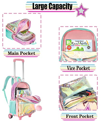 3PCS Rolling Backpack for Girls Backpack with Wheels Girls Backpack with Lunch Box Set Kids Suitcase for Girls Kids Wheeled Bookbag with Roller for Elementary School Sequin School Bag with Wheels3