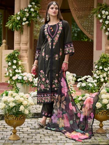 Image of INDO ERA Women's Off White Silk Blend Embroidered Straight Kurta Pant And Dupatta Set (IEOUT6962)