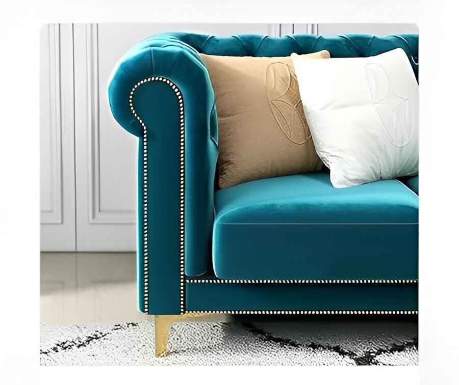 Image of Chesterfield Velvet Upholstery 3-Seater with Armchair and Footrest, Design in 3+1+Footrest Sofa for Living Room, Bedroom, Hallways (Teal)