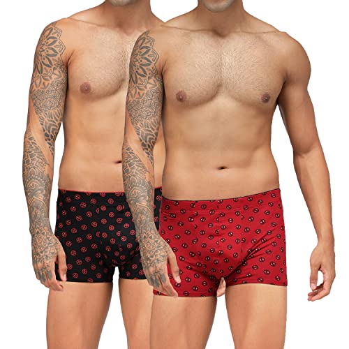 Zoiro Men's Soft Cotton Marvel Printed Trend Trunk (Black/Dead Pool & Chinese Red/ Deadpool_Medium, Pack of 2)