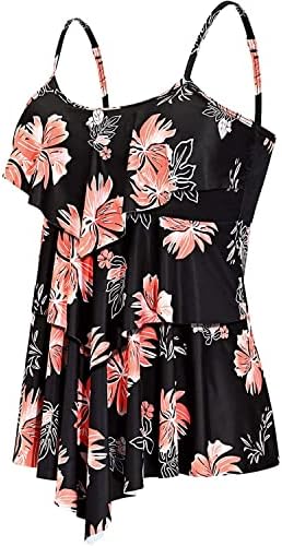 Holipick Black Floral Women Tankini Tops Ruffle Swim Tops Flowy Bathing Suit Top Tummy Control Swimsuits Top No Bottom L