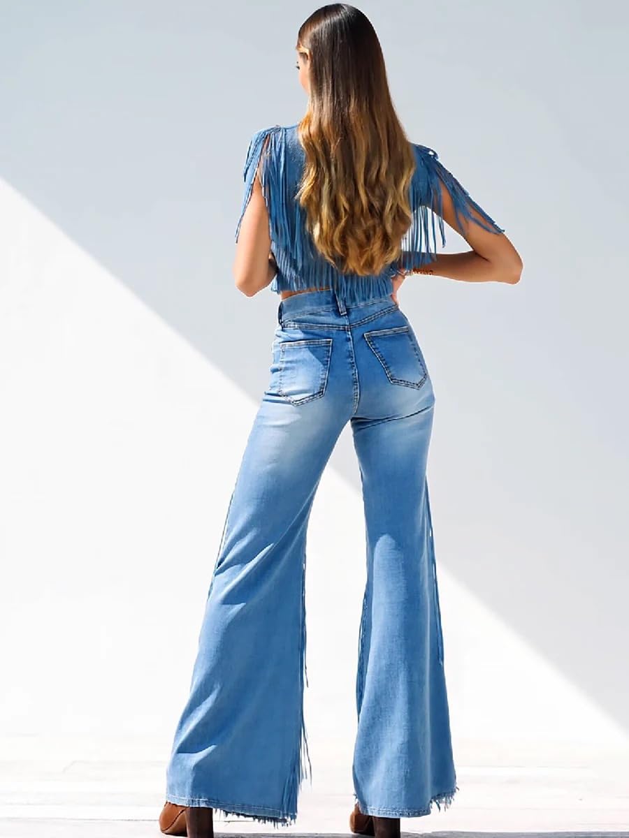 Womens Denim Pants Fringe Blue Jeans Pants with Pockets Wide Leg Pants Cowgirl Outfits Festival