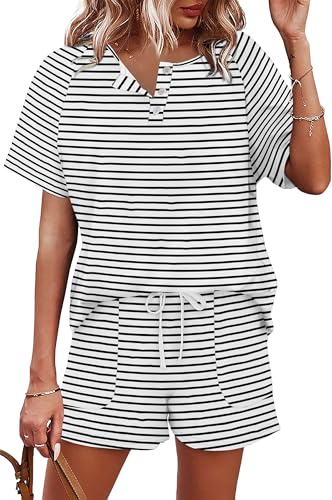 Image of WIHOLL Two Piece Outfits for Women Lounge Sets Button Down Top and Shorts Set Sweatsuits with Pockets