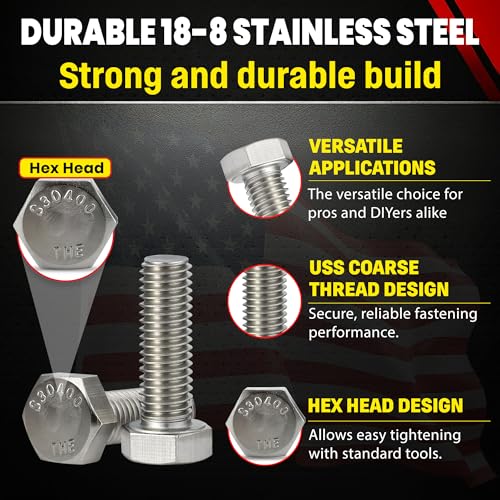 Image of Chenango Supply 5 /8-11 x 2 Stainless Steel Hex Head Bolts - 304 Stainless, USS Coarse Thread, 100,000-125,000 PSI Tensile Strength, Corrosion-Resistant Hardware Bolts, (10 Pieces, 5 /8-11 x 2)