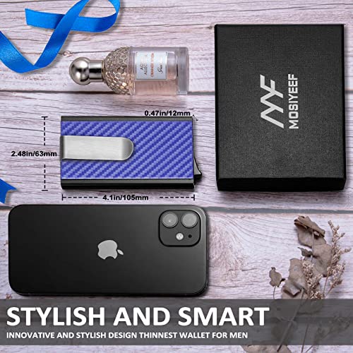 Mosiyeef Minimalist Wallet For Men, Rfid Blocking Card Wallet For Men, Card Holder With Money Clip With Leather Wrapped, Slim Front Pocket Automatic Pop Up Wallet Gifts For Men, Habor Blue #TOP2