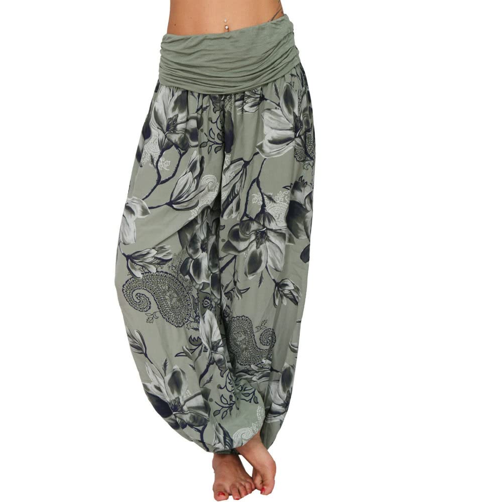Dames Hippie Harembroek,Dames Harem Hippie Broek Zachte Losse Pasvorm Zwart Gespikkelde Groene Bloeiers, Casual En Stijlvolle Harem Broek Voor Yoga En Strand Spelen