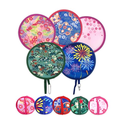 5 Pcs Japanese Foldable Hand Fan, Round Collapsible Portable Fans for Women Girls, Suitable for Personal Cooling Fan,Party Home Decoration
