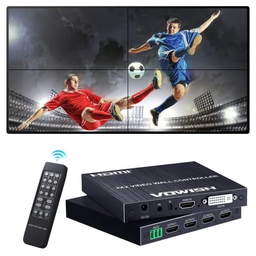 Vowish 2x2 Video Wall Controller, HDMI & DVI Input TV Wall Controller with 8 Display Modes, Support 180 Degree Rotate, RS232 Control for Sports bar, Restaurant, School, Company, Home Theater, Mall
