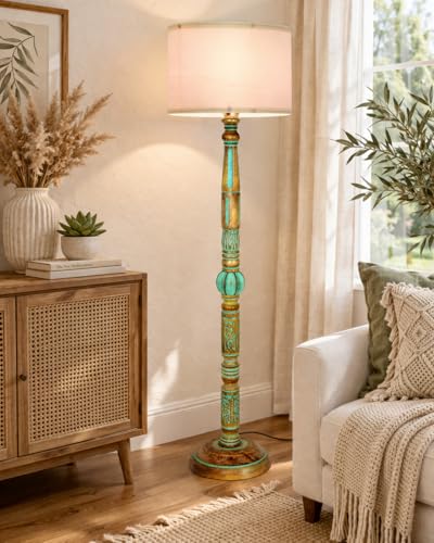 Image of Homesake Royal Carving Antique Algae Finish Wooden Floor Lamp for Living Room | Light Decor for Home Corner Lamp for Living Room Bedroom Floor Lamp, Antique Standing Lamp, KD Off-White Drum Shade