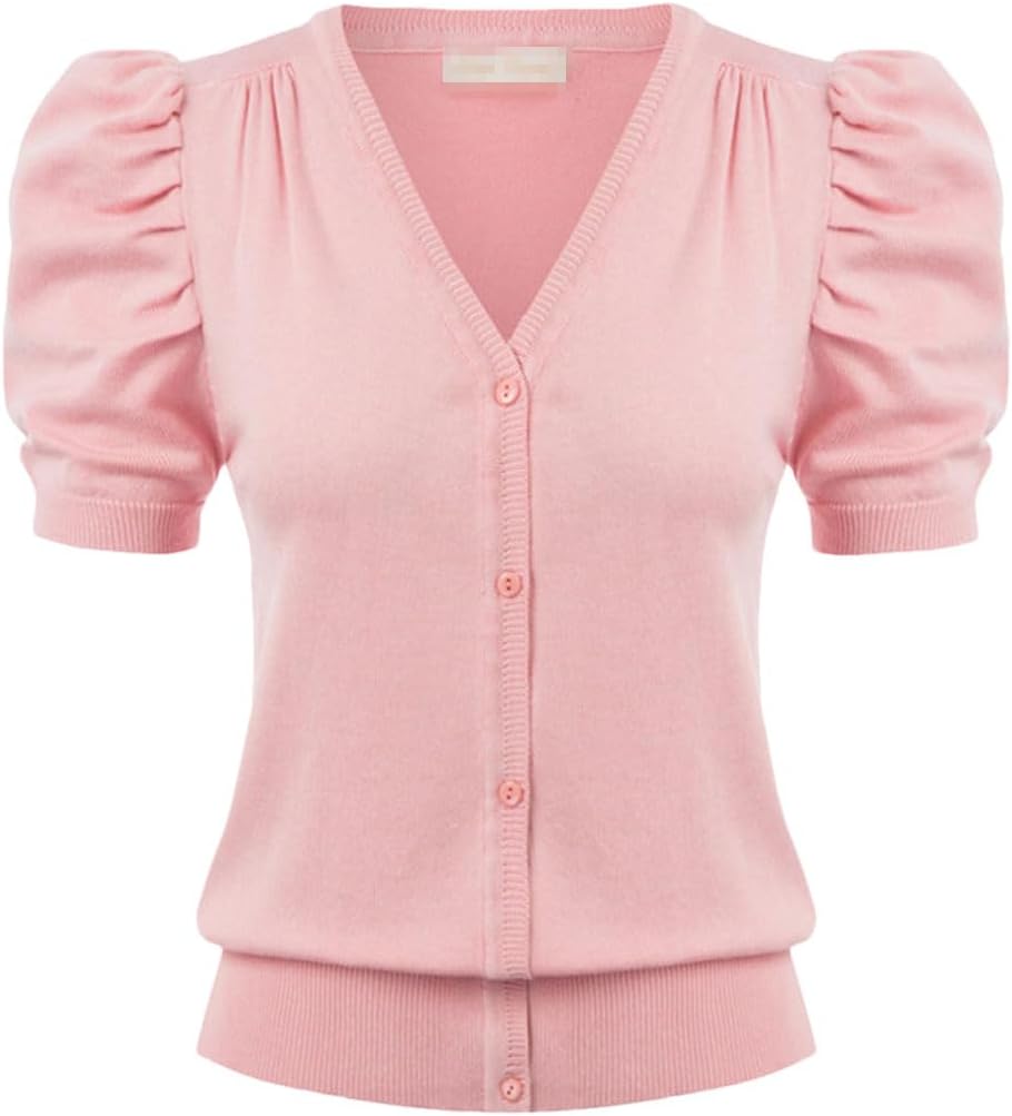 Bollrllr Women's Retro Short Puff Sleeve Sweater Button Knitted Cardigan Sweater