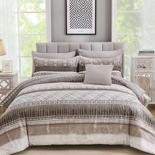 WONGS BEDDING Queen Size Comforter Set 8 Piece, Texture Striped Bed in a Bag Brown Comforter and Sheet Set, Boho Lightweight Microfiber Bedding Set for All Season (90