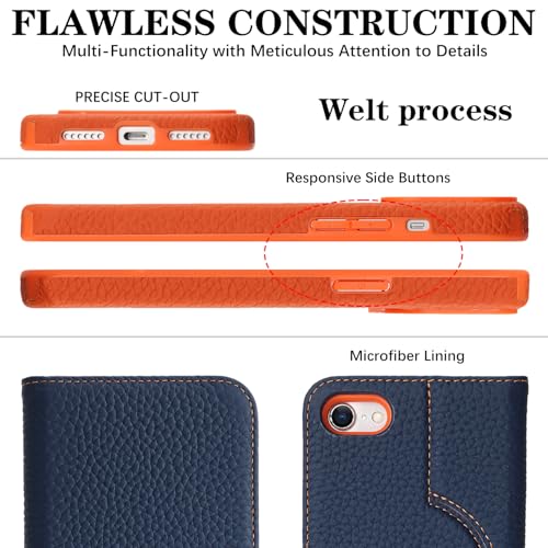 Image of Detachable Genuine Leather Case for iPhone SE 2020 /SE 2022 /7 /8 Wallet Case Magnetic 2in1 Removable Flip Cover Book Purse Compatible with Magsafe Charging Stand Card Holder-Navy Blue+Orange